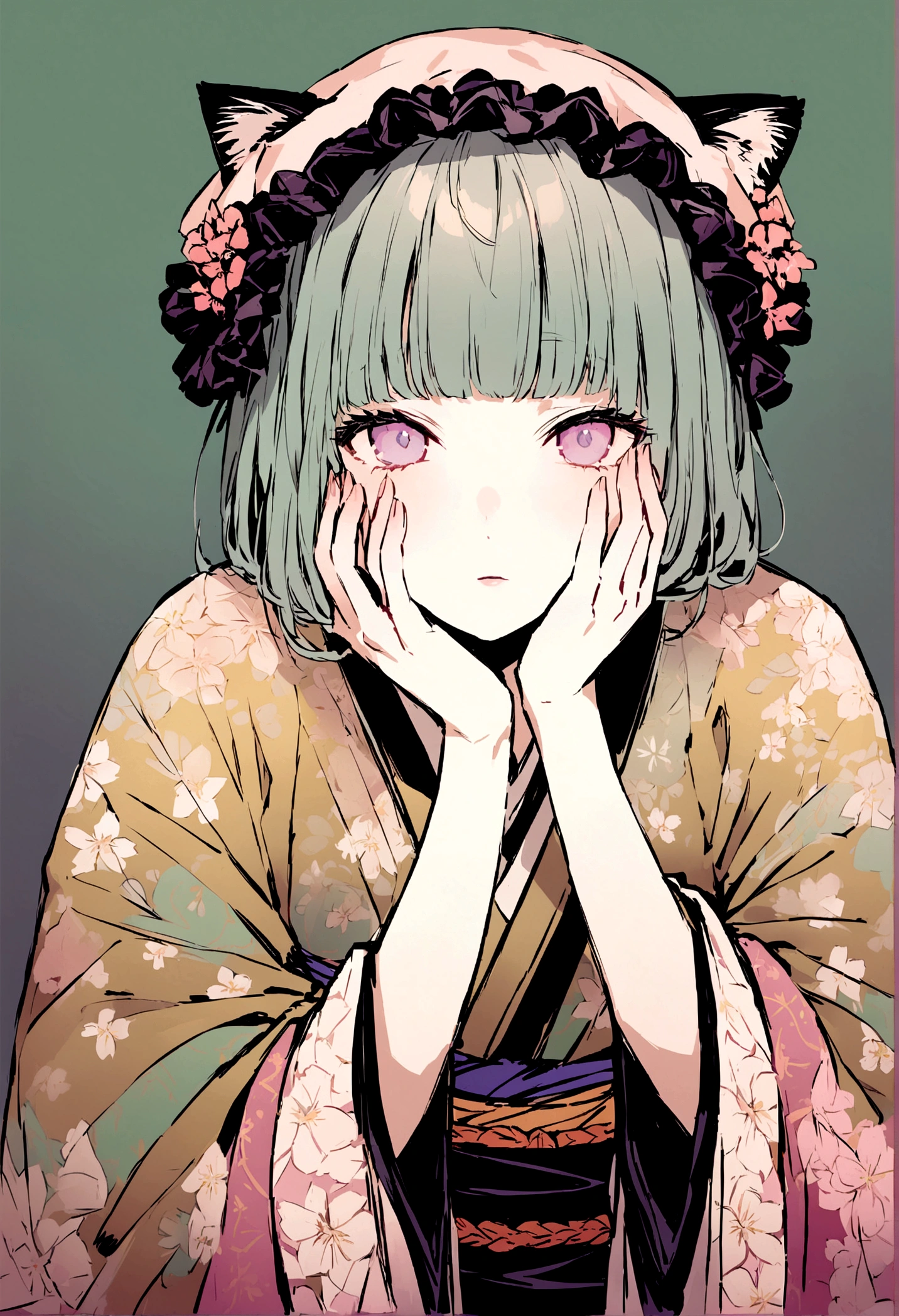 Mustard color、Light green、ecru、Cherry-blossom color、Iris color、A kimono with a highly detailed pattern in muted colors、Annuita、Living with a cat、Put your hands on your face