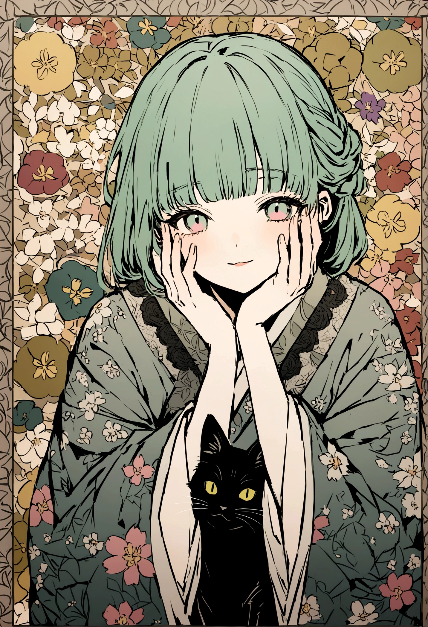 Mustard color、Light green、ecru、Cherry-blossom color、Iris color、A kimono with a highly detailed pattern in muted colors、Annuita、Living with a cat、Put your hands on your face