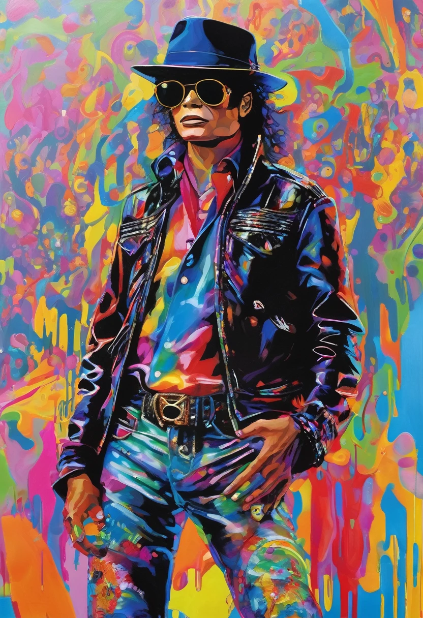 Michael Jackson punk ,standing in front, wearing colored glasses, wearing jacket, cap, led shock beams, humanoid front , Art abstract, no estilo Alex Petruk