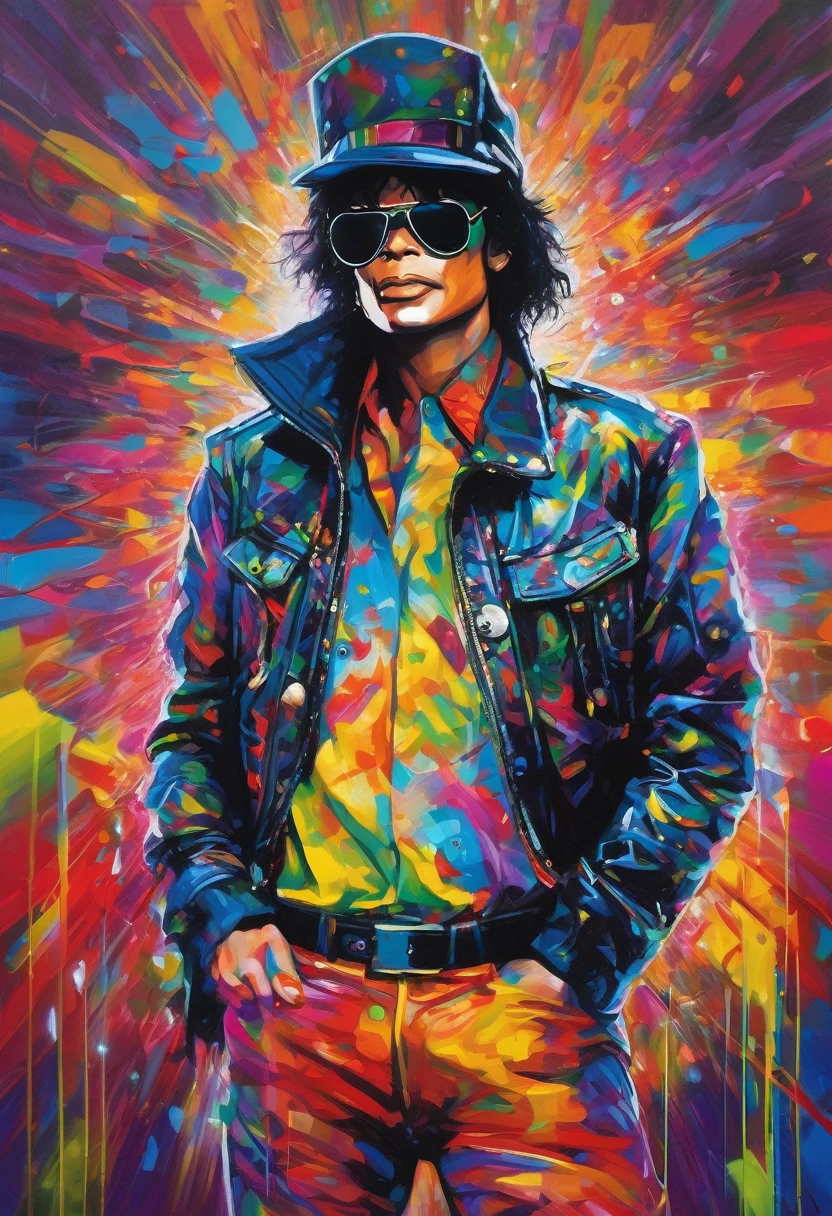 Michael Jackson punk ,standing in front, wearing colored glasses, wearing jacket, cap, led shock beams, humanoid front , Art abstract, no estilo Alex Petruk