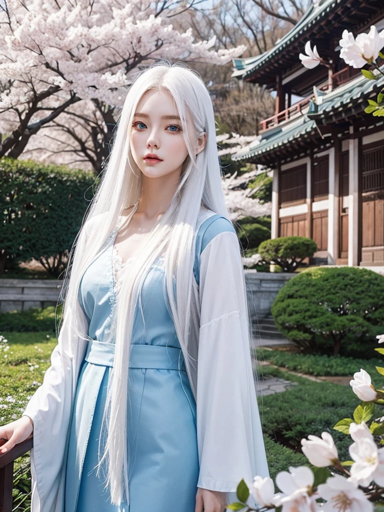 Long white hair, blue eyes, serious features, white skin, loose style, in a garden, with flowers , in the forest ,in the Sakura Korea ,Korean Palace 