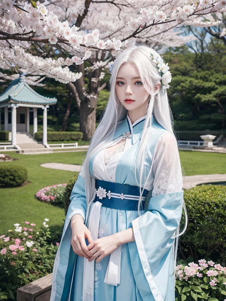 Long white hair, blue eyes, serious features, white skin, loose style, in a garden, with flowers , in the forest ,in the Sakura Korea ,Korean Palace