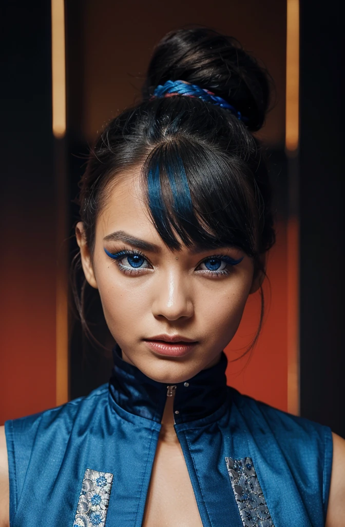 A stunning high fashion portrait of a Swedish-Thai female model with striking blue eyes, naked . The suit features an eye-catching patchwork design with vibrant colors, making it stand out against the studio backdrop. Her hair is styled in a one-of-a-kind updo, and her makeup is bold and avant-garde. The overall atmosphere of the image exudes glamour, sophistication, and a touch of futuristic edge., portrait photography, fashion, vibrant, poster, photo