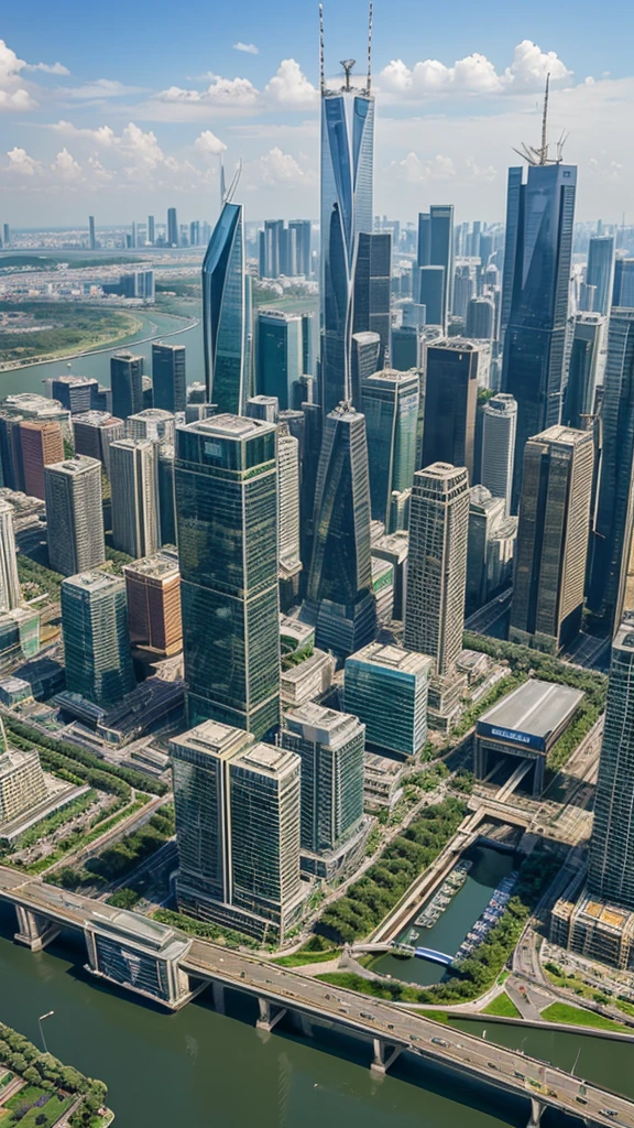 A bustling cityscape with towering skyscrapers, advanced public transportation systems like flying cars and high-speed trains, and extensive greenery integrated into urban architecture.