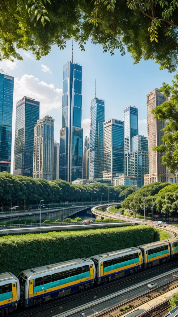 A bustling cityscape with towering skyscrapers, advanced public transportation systems like flying cars and high-speed trains, and extensive greenery integrated into urban architecture.