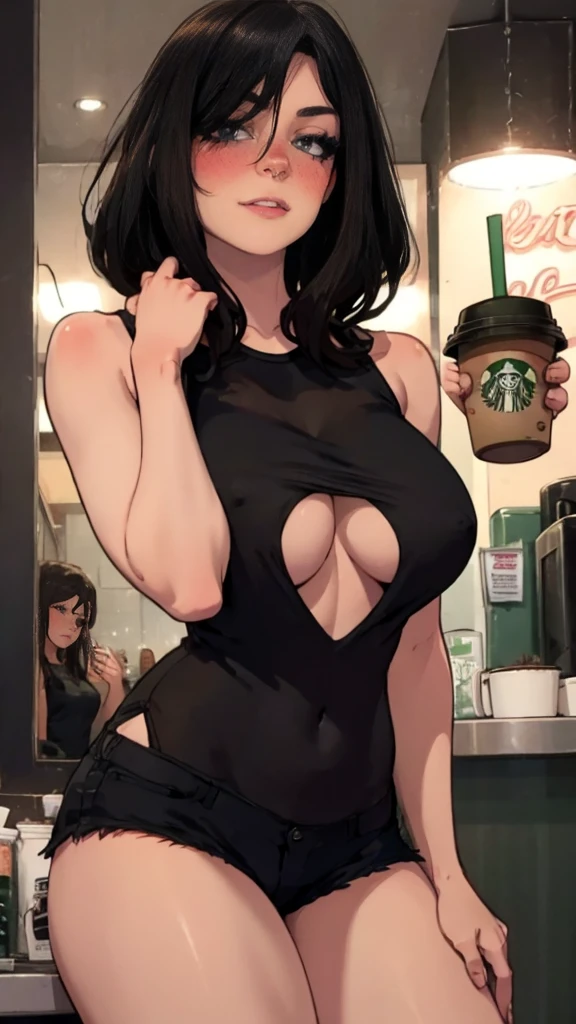 A beautiful woman, detailed eyes, Messy dark hair, during, She is wearing a tight black tank top., some shorts, Starbucks, front view, blush, posing, perfect hands, good anatomy, curvy