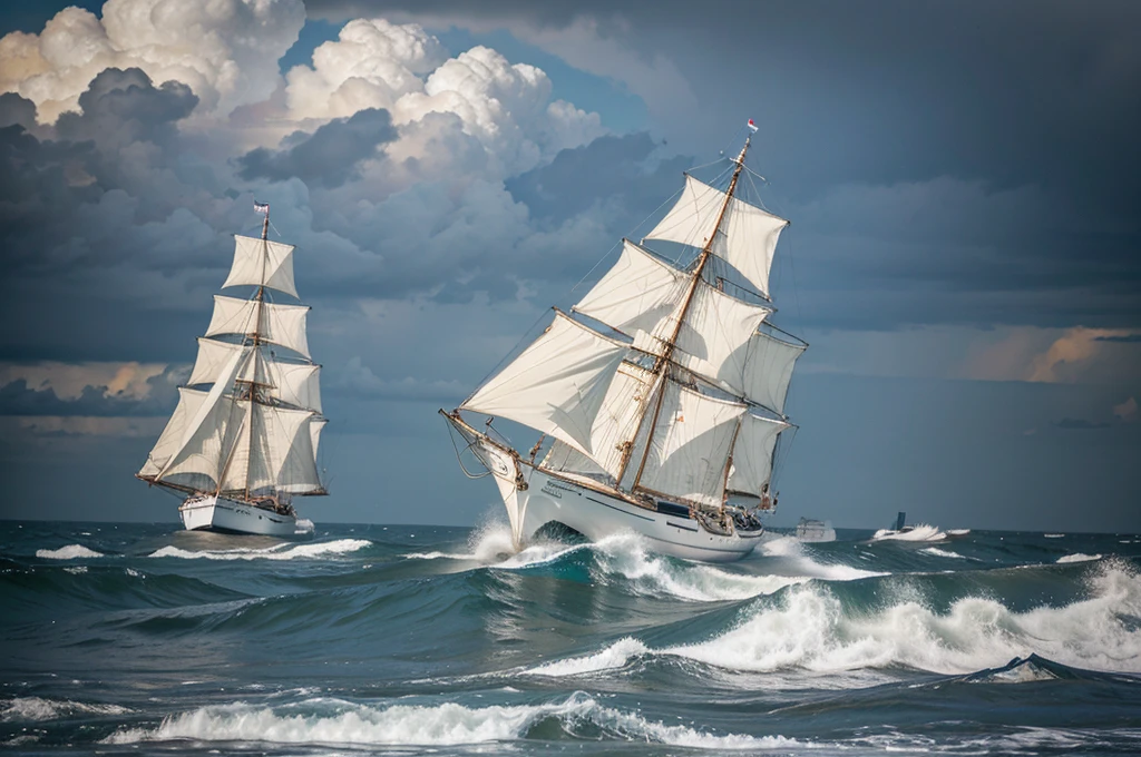 Sea, storm, high waves large three-masted sailboat
