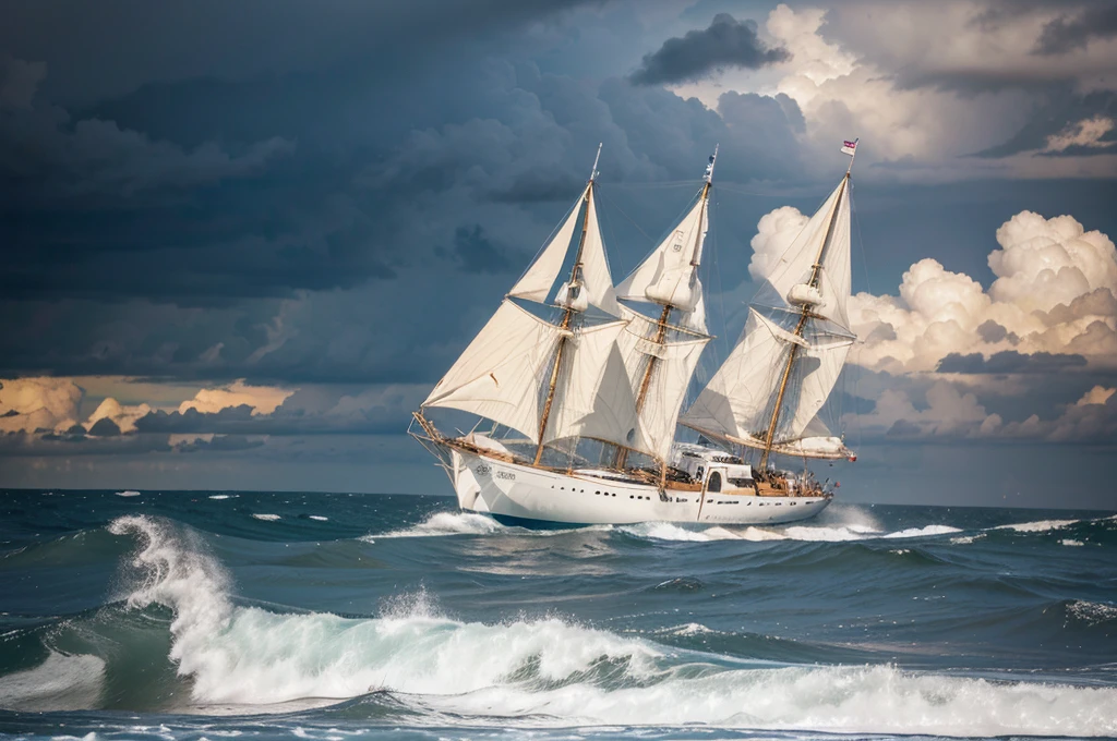 Sea, storm, high waves large three-masted sailboat