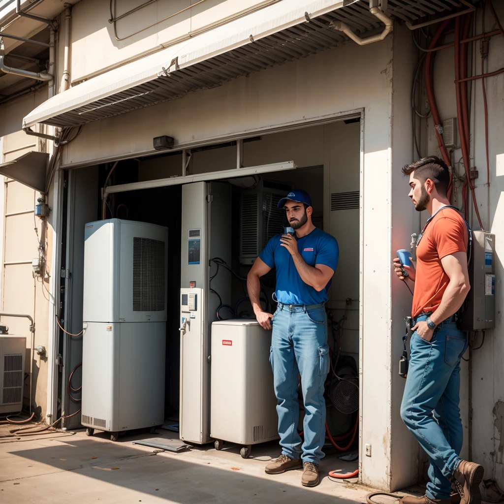 HVAC and refrigeration background and 3 men working on air conditioning 