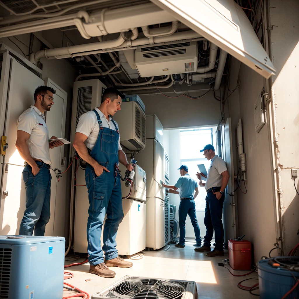 HVAC and refrigeration background and 3 men working on air conditioning 