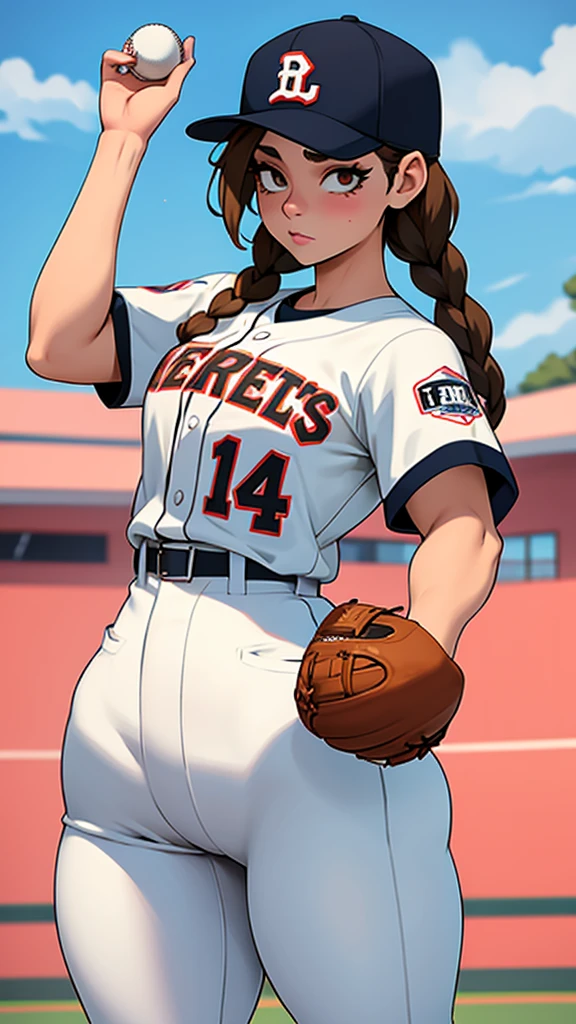 Baseball player,White uniform, baseball cap, brown braids hair, curvy, thin waist