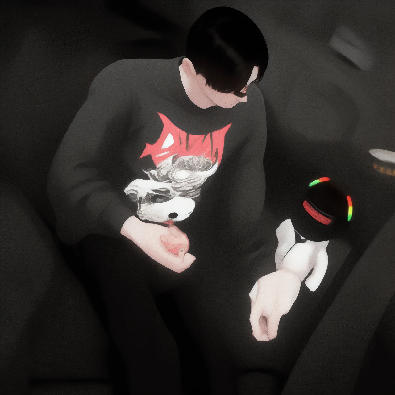 1 man and 1 boy, together, the man has a black hair, red shirt,collar, tie, black pant and the boy wear a hoodie , black hair, black pant, smile