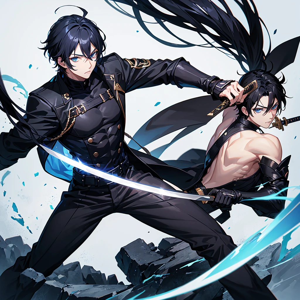 Male anime character with black hair and black clothes and blue eyes and sword