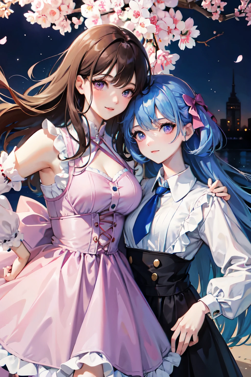 ((best quality, masterpiece, absurbres)), Close-up, Soft Colors, Pastel Purple, Baby Blue, 2 Girls, Aesthetic Fashion, Cherry Blossom at night, Natural Lighting , on girl with blue hair and purple eye with star and another with pink eye and brown hair both together in a decent dress