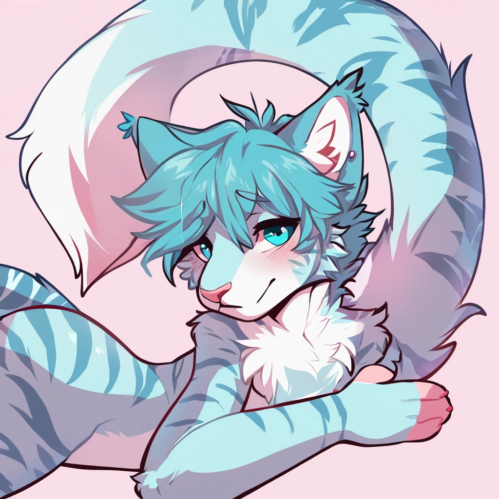 adult, feline, mammal, anthro, anthromorphic, cat, striped, fur, furred_anthro, femboy, male, blue, ear_tufts, purple, paws, hair_tuft, hair_between_eyes, long_tail, fluffy, expressive_eyes, blue/teal_hair, light looking_at_viewer, blue_fur, shy, small_pupils, spotted_pattern, stripes, tiger_stripes, digital_art, high_resolution, high_res, background, shy, posing, laying_down, pink_paws, paws, profile_picture, head_visible, neck_visible