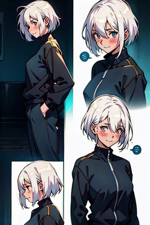 Girl with short white hair small and really skinny, smiling weakly and blushing while walking, manga page with panels and dialogue    