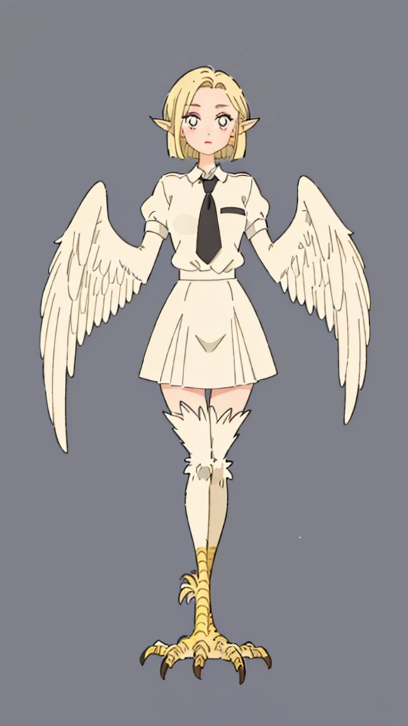 1girl,20s,happy,white shirt,black standard tie,short sleeves,white school skirt,short hair,blonde hair,pointy ears,((harpy,harpy wings)),illustration