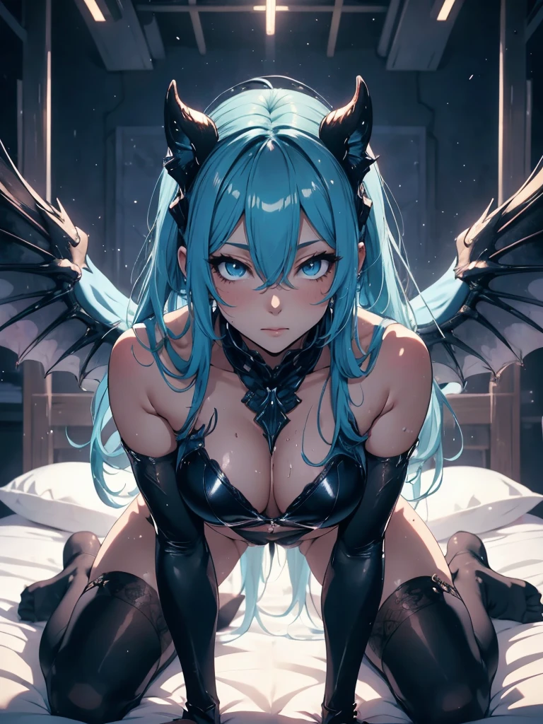 The best quality, high definition image, super calidadMiku Hatsune dark blue body High Definition, kitsune ears, creampied vagina, internal creampie, open legs, solo doggystyle in bed, alta definition image, sweaty body, exhausted, tired and tired face, sweat drips all over his body, High Definition, squating position in bed, vampire wings, very showy, kneeling in hell, fire around her, evil face, lustful look, hell sucubo, you taste his hand, hand in mouth, pleasure face, he sucks his fingers