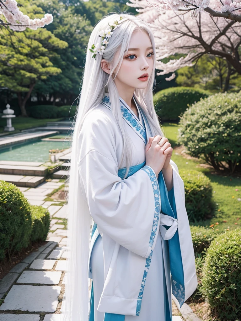 Long white hair, blue eyes, serious features, white skin, loose style, in a garden, with flowers , in the forest ,in the Sakura Korea ,Korean Palace