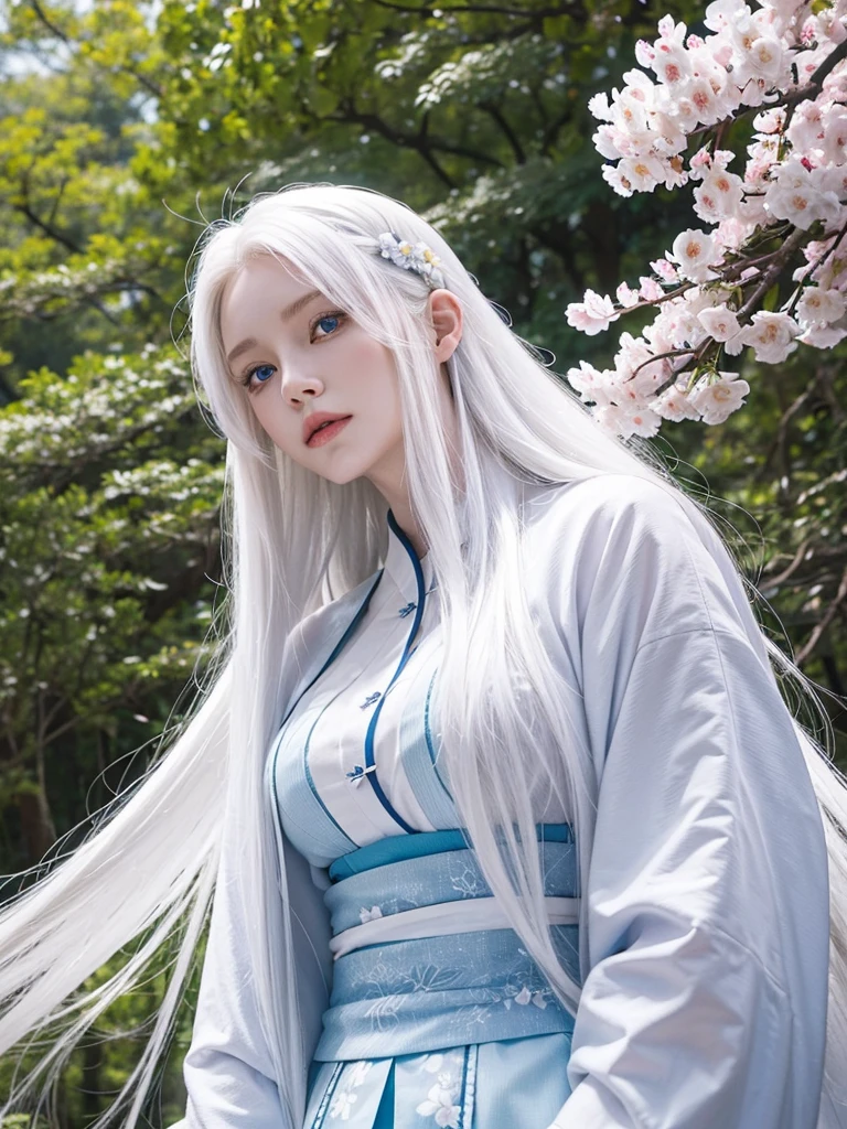 Long white hair, blue eyes, serious features, white skin, loose style, in a garden, with flowers , in the forest ,in the Sakura Korea ,Korean Palace 