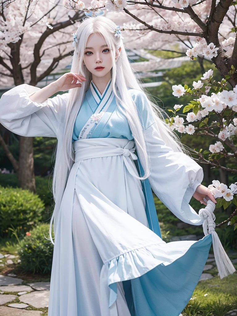 Long white hair, blue eyes, serious features, white skin, loose style, in a garden, with flowers , in the forest ,in the Sakura Korea ,Korean Palace