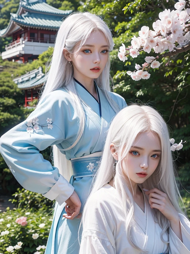 Long white hair, blue eyes, serious features, white skin, loose style, in a garden, with flowers , in the forest ,in the Sakura Korea ,Korean Palace