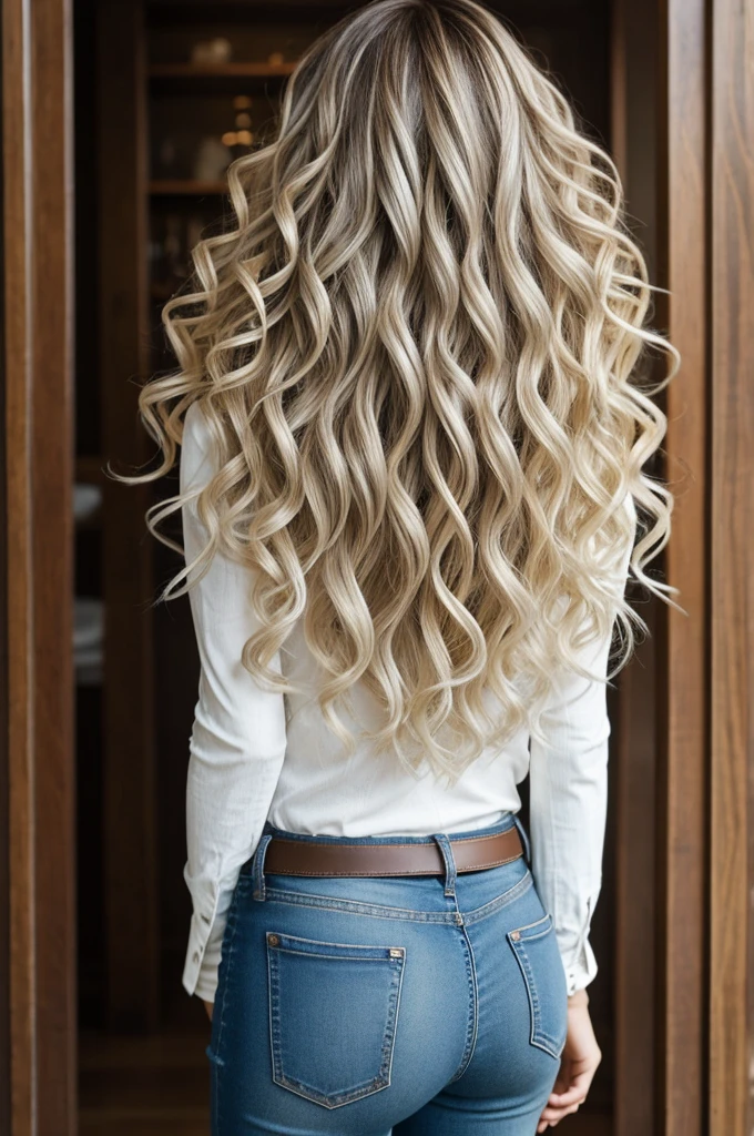 Mother, Adult, Wavy hair, Light curly hair, Blonde hair, Silver hair, Brown leather jeans, Brown leater, White top, Long curly hair, From behind. 