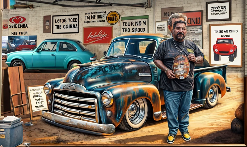 In the background, a car workshop wall with some posters on the wall and a sign saying " especially"