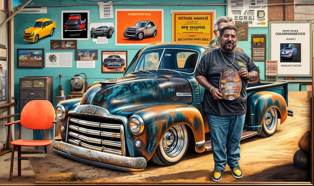 In the background, a car workshop wall with some posters on the wall and a sign saying " especially"