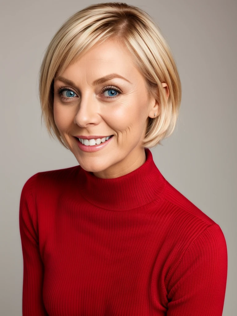 photo of a playful cute slutty horny blonde mature submissive wife with big bulging beautiful eyes, very short hair, She wears: (turtleneck high ribbed bright tight red sweater:1.1), submissive seductive pose, high tight ribbed neck, seductive smile, perfect fake tits, turtleneck top, side view, strict step mom, angry mistress