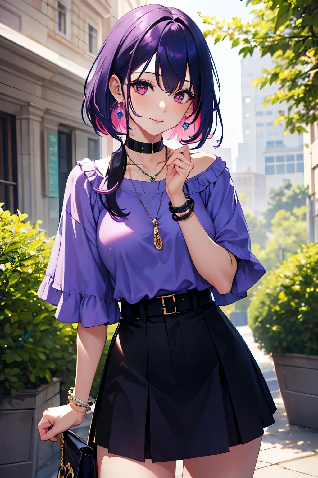 masterpiece, best quality, highly detailed, 1girl, solo, perfect anatomy, slim, red eyes, blue hair, bangs, purple hair, hair between eyes, multicolored hair, gradient hair, pink lips, thick thighs , edgCT, blouse, wearing edgCT, chic top, light smile, detailed background, outdoor, standing, sexy, sunglasses, skirt, earrings, necklace, bracelet