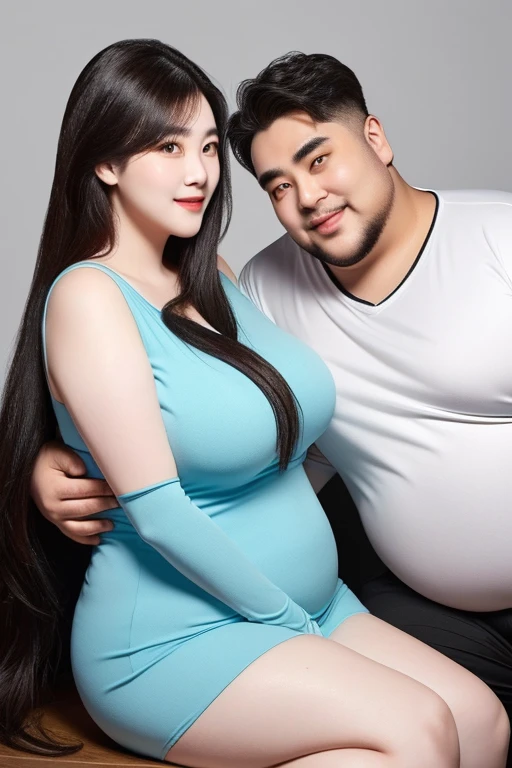 186cm 105kg thin man with abdominal obesity, 140kg upper body obese woman, A friendly extremely obese man and woman couple, photorealistic, 8K