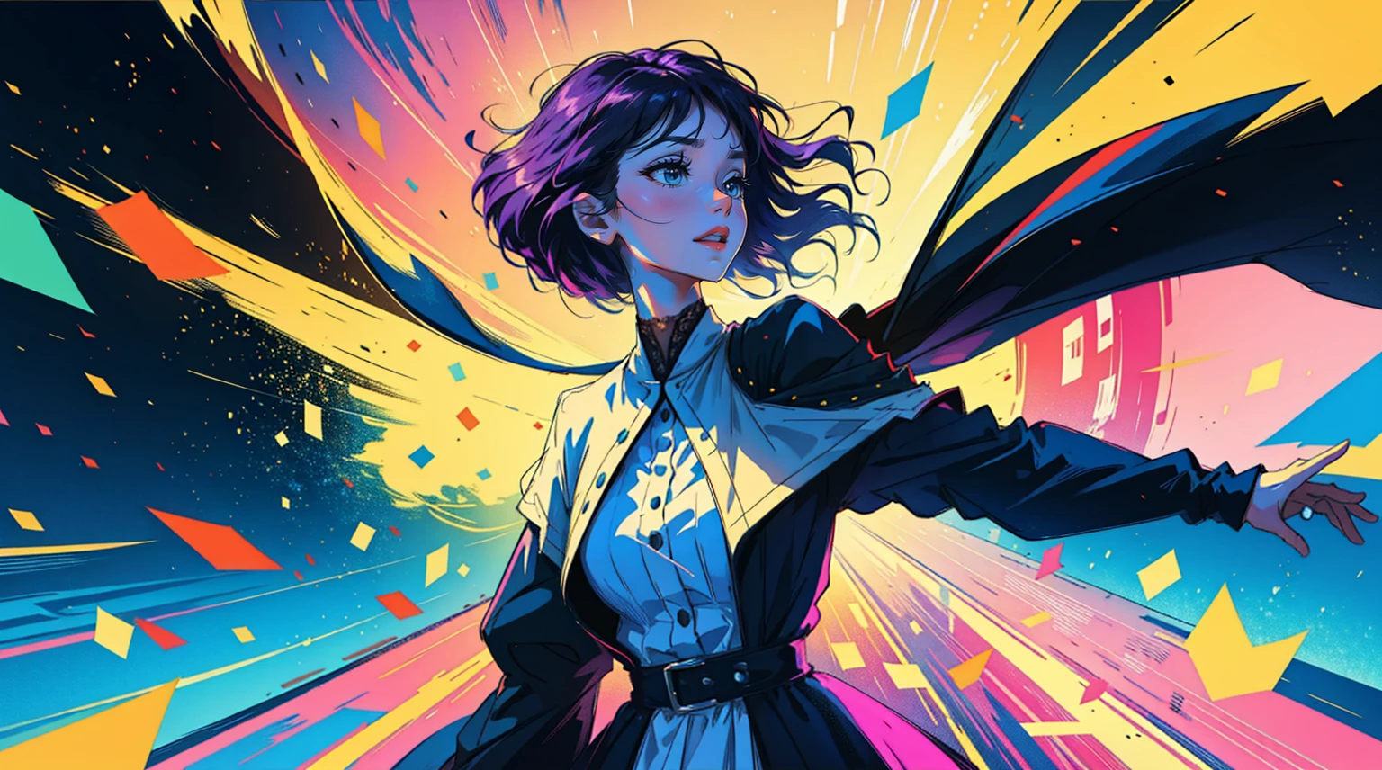 Vibrant colors, flou artistique, light leaks, Ambiance onirique, experimental charm, attrait nostalgique BREAK color field painting, Large expanses of colour, expressionnisme abstrait, audacieux teintes, emotional impact, atmospheric depth, approche minimaliste BREAK, Une belle fille, UHD (ultra details) Regarder le spectateur en tenue de ville de style hip-hop, different, colourfull, long, Highly colored hair 🌈, dark garments, White stardust on dark parts, absurdes, high resolucion, Ultra detailded, (1fille : 1.3), Vibrant colors, flou artistique, light leaks, Ambiance onirique,