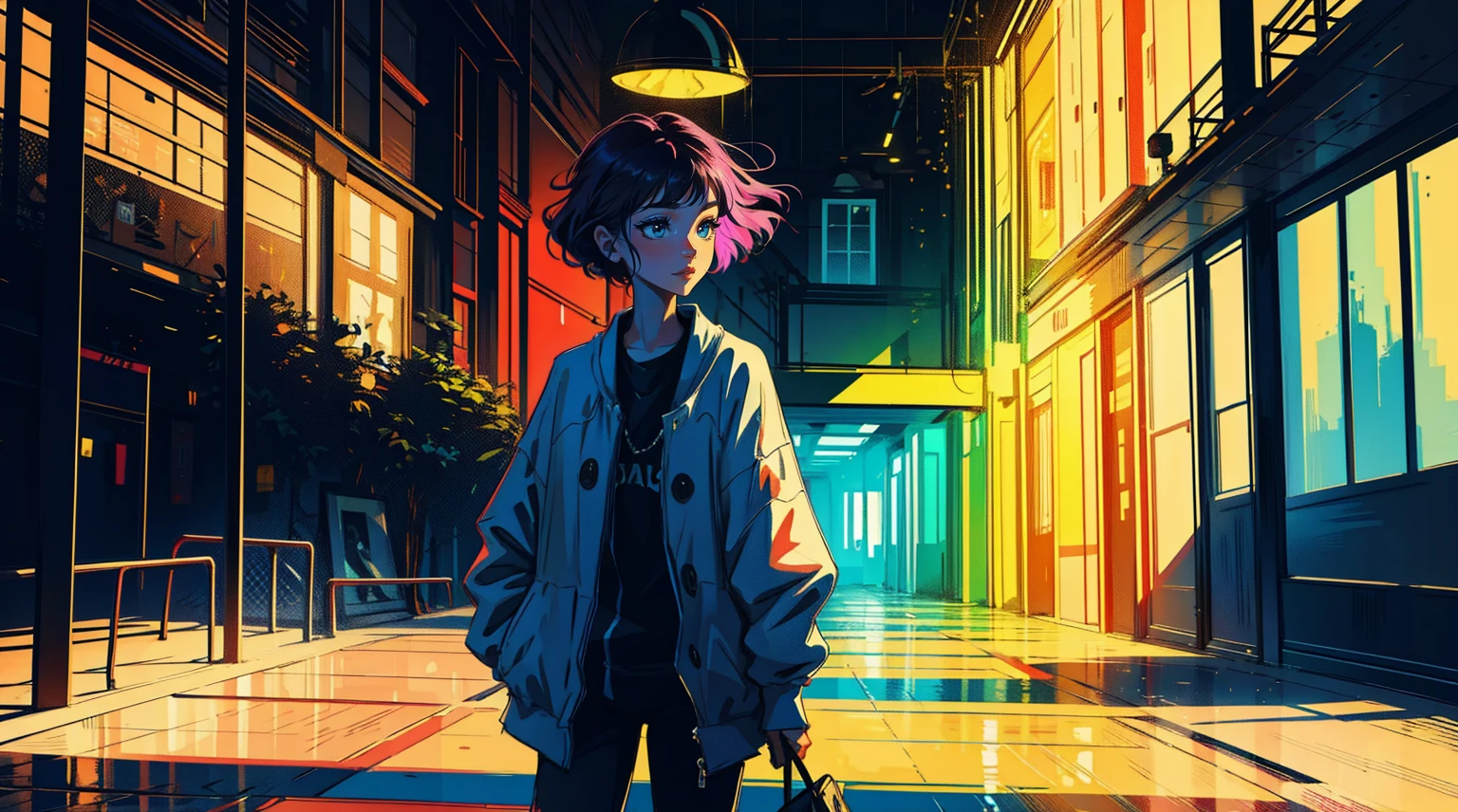 Vibrant colors, flou artistique, light leaks, Ambiance onirique, experimental charm, attrait nostalgique BREAK color field painting, Large expanses of colour, expressionnisme abstrait, audacieux teintes, emotional impact, atmospheric depth, approche minimaliste BREAK, Une belle fille, UHD (ultra details) Regarder le spectateur en tenue de ville de style hip-hop, different, colourfull, long, Highly colored hair 🌈, dark garments, White stardust on dark parts, absurdes, high resolucion, Ultra detailded, (1fille : 1.3), Vibrant colors, flou artistique, light leaks, Ambiance onirique,
