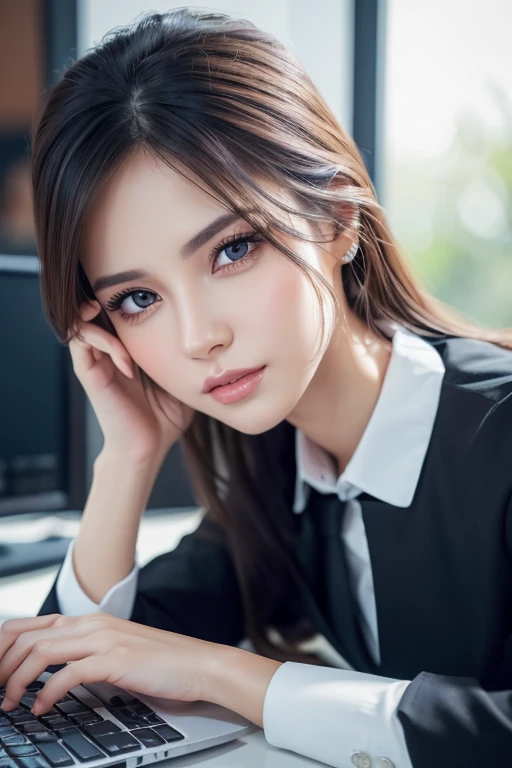 beautiful detailed eyes, beautiful detailed lips, extremely detailed eyes and face, medium hair, longeyelashes, elegant office lady, professional business attire, office setting, desk, computer, paperwork, (best quality,4k,8k,highres,masterpiece:1.2),ultra-detailed,(realistic,photorealistic,photo-realistic:1.37),HDR,UHD,studio lighting,ultra-fine painting,sharp focus,physically-based rendering,extreme detail description,professional,vivid colors,bokeh,intricate details,highly realistic,photorealistic portrait