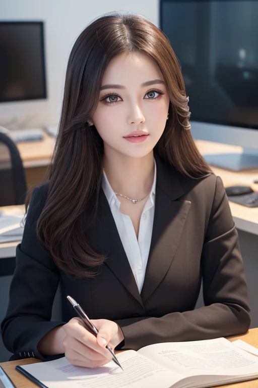 beautiful detailed eyes, beautiful detailed lips, extremely detailed eyes and face, medium hair, longeyelashes, elegant office lady, professional business attire, office setting, desk, computer, paperwork, (best quality,4k,8k,highres,masterpiece:1.2),ultra-detailed,(realistic,photorealistic,photo-realistic:1.37),HDR,UHD,studio lighting,ultra-fine painting,sharp focus,physically-based rendering,extreme detail description,professional,vivid colors,bokeh,intricate details,highly realistic,photorealistic portrait