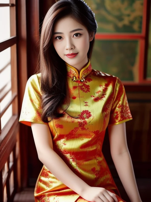 Asian woman Arav in red dress poses for photo, wearing a red Cheongsam, Cheongsam, Chinese dress, Chinese style, traditional chinese, Chinese woman, with ancient Chinese clothes, traditional chinese clothing, Chinese girl, Chinese dress, Gorgeous Chinese model, beautiful oriental woman, Chinese princess, สวมชุดCheongsamสีน้ำเงิน, Wearing a bright red dress 8k, 3-D, 45,000,000,000 pixels, Too realistic,