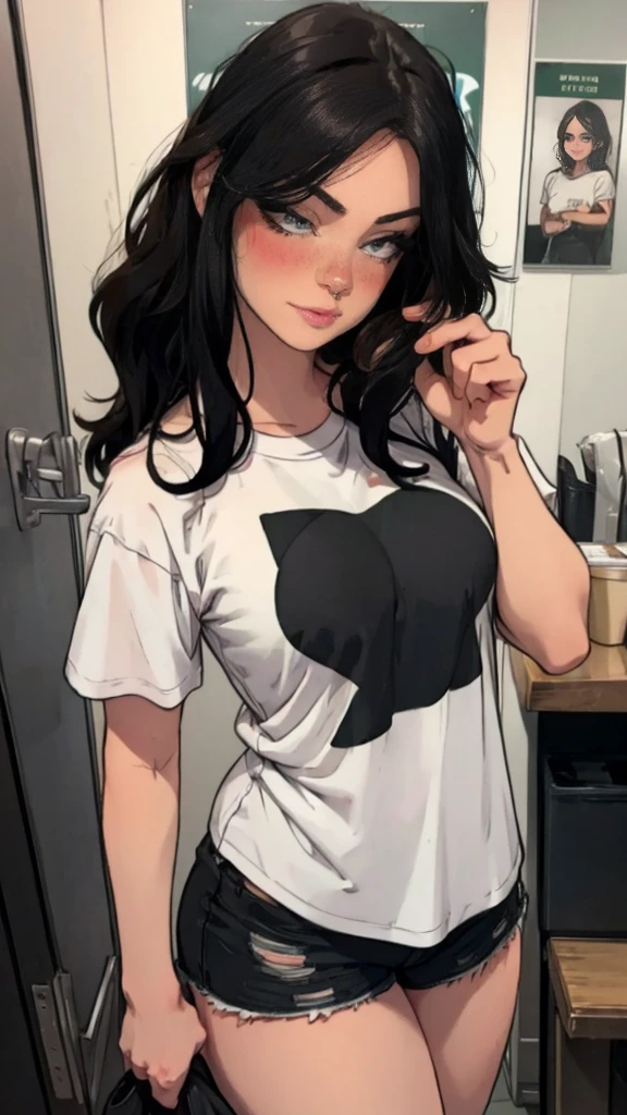 A beautiful woman, detailed eyes, Messy dark hair, during, He is wearing an oversized black t-shirt, some shorts, Starbucks, front view, blush, posing, perfect hands, good anatomy, curvy
