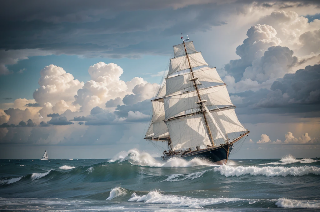 Sea, storm, high waves large three-masted sailboat