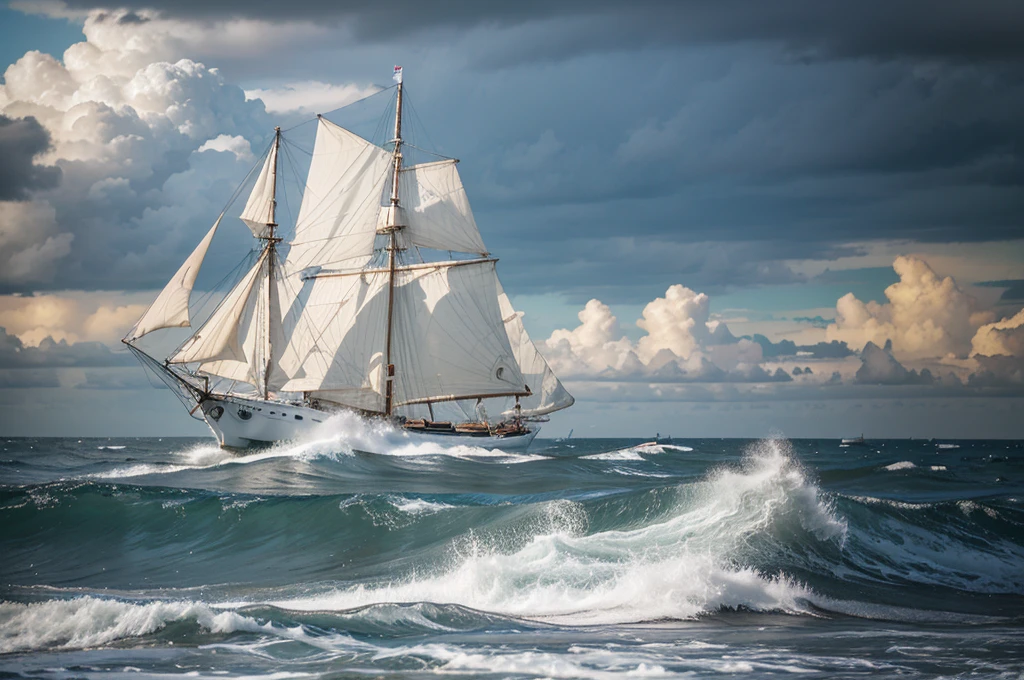 Sea, storm, high waves large three-masted sailboat
