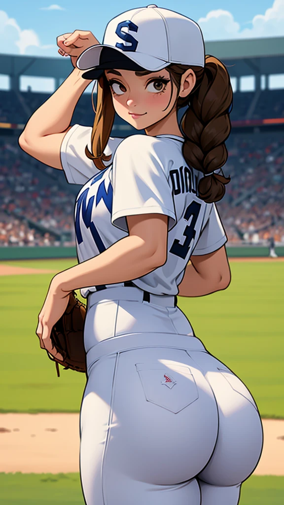 Back to camera Baseball player,White uniform, baseball cap, brown braids hair, curvy, thin waist