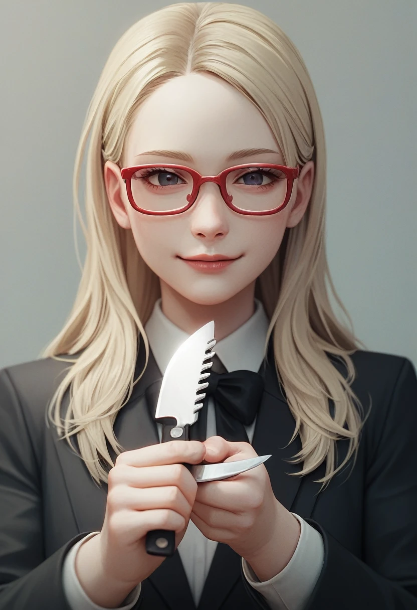 (a blonde woman with long hair cheerful), (only the bust), (Black Suit), (Red glasses), (open fathom holding fork), (holding a knife), (3d style image).