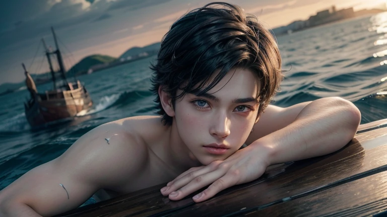 A young anime-style boy with a freshly trimmed hairstyle, looking vibrant and healthy, 1boy, beautiful detailed eyes, beautiful detailed lips, extremely detailed face, detailed hands and fingers, dark blue and black tones, floating on a wooden plank in the sea, shipwreck debris around, dramatic lighting, cinematic, photorealistic, 8k, high quality, masterpiece