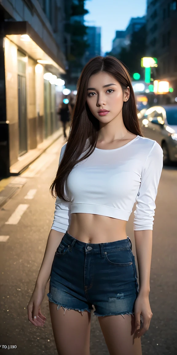 ((Realistic lighting, best quality, 8K, Masterpiece 1.3)), Clarify the focus 1.2, 1 girl, Perfect Body 1.4, Slim Abs 1.1, ((Dark brown hair)), (White shirt 1.4), (outdoor, Night 1.1), City Streets, Super thin face, beautiful eyes, Double eyelids,full-body shot(Full body photography)