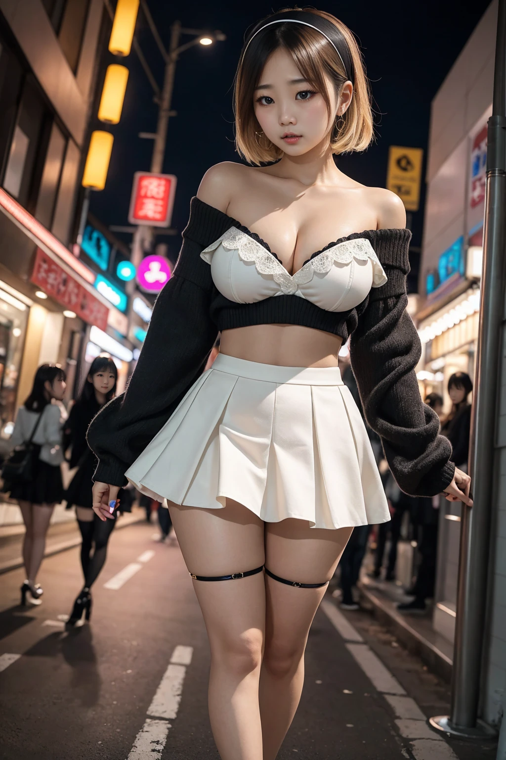 High angle shot, Street Snap, Standing in the neon city at midnight, woman(expensive)There are three gals, (Three Girls), Amazingly cute, Japanese blonde hair, blonde hair, short hair, hairband, glaring, furrowed brow, makeup, grimace, scowl, Surrealism, first-person view, first-person view, Wide-Angle, uhd, anatomically correct, super detail, 16K, タイトスカートとタイトな黒ストッキングをはいたwomanの全身撮影, Off-the-shoulder long-sleeve knit, Accentuate your cleavage, Exposing your belly, Black mini skirt, Korean girl, ( Ivory Black ), Choi Hong-hwa, Lee Ji-eun, Lee Ji-eun, Korean women's fashion model, Ulzzang, Korean, sakimichan, Jaeyoung Nam, Kim Tae-jun, Micro Mini Skirt, (The skirt is very short), (Very long legs), (very wide thighs), (She always wears black stockings), (ヒールがexpensiveブラウンの厚底プラットフォームハイヒールを着用), Accurate high heels,