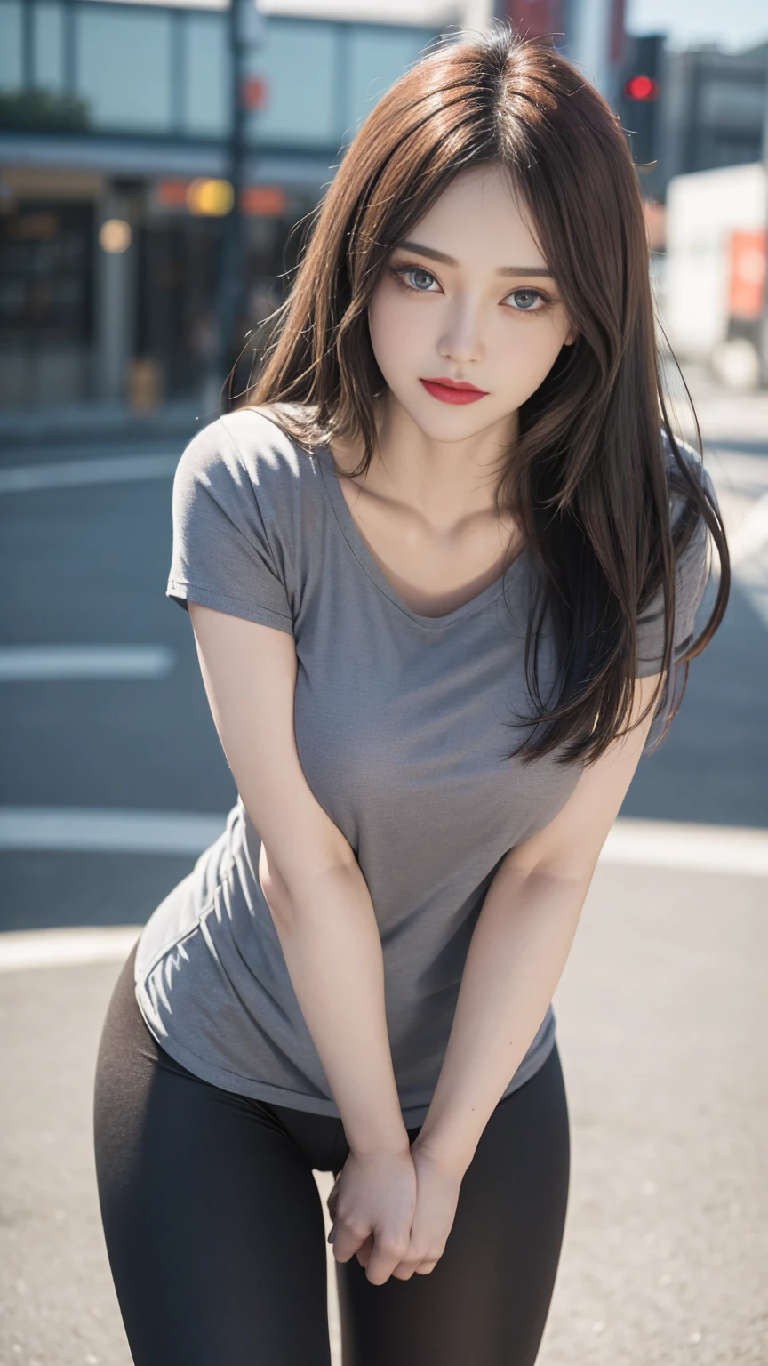 ((beautiful lady)), ((1 lady, wearing black T-shirt with logo AYUASCHA)), ((Dark grey tight leggings)), ((Casual Uniform)), ((Standing on the road)), (zoom camera in the crotch, angle from below), looking to the side, very smile, blushing, ((background york cityscape)), distressed, reluctant, glare, (sexual arousal:1.5, ) , NSFW, 8k, RAW photo, masterpiece, absurdity, top quality, high resolution: 1.1, ultra-detail, hyper-realistic: 1.4, realistic, photorealistic: 1.3, cinema light, film grain, closeup, full body, depth of field, eye focus, young, 85mm lens, f/1.4, Professional lighting, portrait, photon mapping, radiocity, physically based rendering, transparency, soft light, realistic face, realistic body, realistic skin, clean: 1.8, Dark red hair, hairstyle to match the trend of Japan in 2023, Huge-breasted not closed: 1.2, blusher, good style, (very dark lip gloss, bright red lipstick, so many eyelashes, blue eyes, pitch black eyeshadow Huge-breast), company, camel toe, long legs, PureErosFace_V1: 0.8, dynamic pose