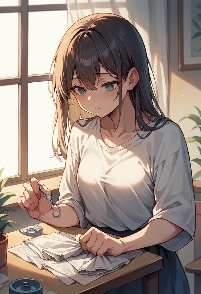Girl sewing without clothes