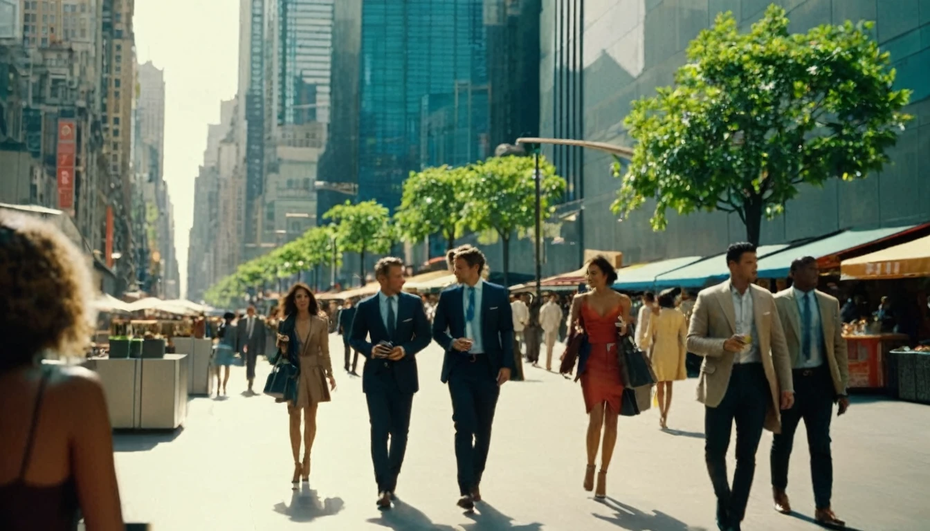 middle ground camera view of many kind of beautiful females walking on the street wearing very sexy short dresses and deep cleavaged futuristic fashion clothes,They are walking in a pedestrian street in a megacity at morning time. Males are wearing suits or t-shirt with blue jeans. In the heart of the dysoptian futuristic megacity there are street vendors, candelabra, benches on which people sit, colorful signs, cables.The people have photorealistic faces and bodies, detailed facial features, perfect eyes and mouthes and skins with real human hands, rule of thirds.Different futuristic high tech vehicles. Different styled buildings cover the side of the futuristic street, the natural light of the sun illuminates at daytime. Bustling megacity with many skyscrapers in the background, Natural lights, neutral colors, lomochrome, vintage color tones, dramatic, dynamic composition.Lifelike textures, sharp focus, depth of field, cinematic lighting, Contrast lighting, volumetric lighting, best shadows,sharp focus, depth pf field, photorealism, Realism, Cinematic, Photoreal, 35mm film Screengrab a Super Panavision film, in color. best quality , hdr, uhd, 8k, 35 mm film, analog camera shot.
