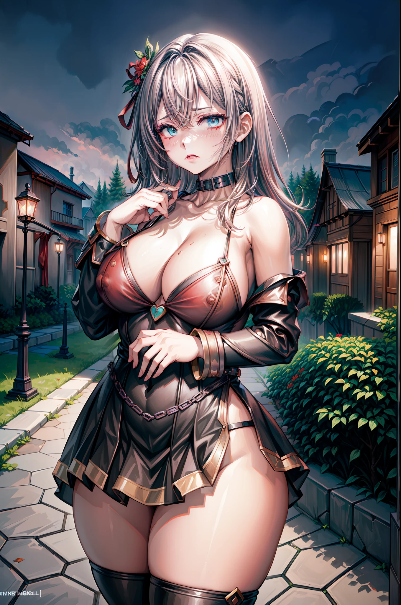 (Hentai), masterpiece, highly detailed, (8k wallpaper), (open leather trenchcoat:1.2), (sideboobs:1.2), (slave collar:1.1), (female stainless steel chastity belt:1.1), (park styel:1.2), (heavy breasts), (bubble butt), (wide hips:1.1), (slim waist:1.1), (thick thighs:1.1), (detailed face and eyes:1.2), freckles, (bright red bobcut), human, (blushing:1.1), (eyeshadow:1.1), (dark lipstick:1.2), (night:1.2), (detailed hand and finger:1.2), (medium breasts:1.2), (busty), (deep cleavage:1.2), (labia outline:1.3), (hard teat:1.3).