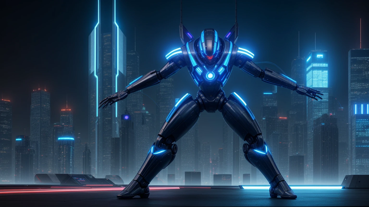 a futuristic humanoid robot, highly detailed, intricate mechanical design, glowing blue circuits, sleek and angular metal body, advanced technology, complex wiring and inner workings visible, powerful energy core, dynamic and imposing pose, surrounded by a futuristic cityscape backdrop, neon lights, skyscrapers, flying vehicles, cinematic lighting, photorealistic, 8k, hyper detailed